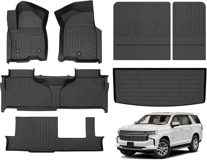 Hutisya-Floor Mats & Cargo Liner with Backrest Set Fit for Chevy Tahoe 8-Seater/GMC Yukon (Not XL) 2021-2025 All Weather Protection Anti-Slip & Durable TPE Full Set Liners Automotive Accessories