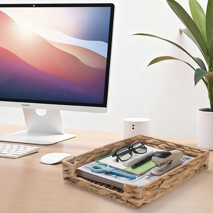 Water Hyacinth Letter Tray, Woven Desk Tray, Wicker Desktop Basket Organizer for Papers, Documents, Magazines, Files