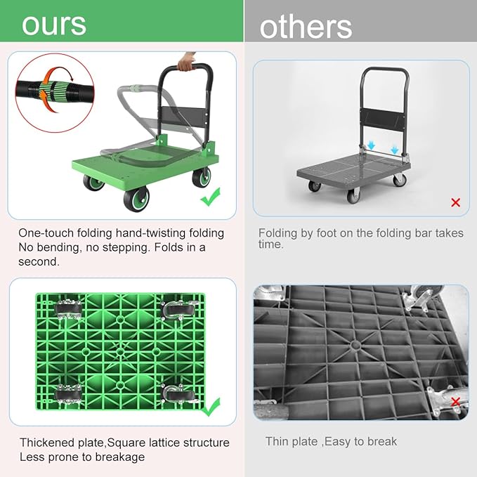 WUD Folding Push Cart Platform Trolley – Thickened Reinforced Steel, 360° Swivel Wheels, 28.7″×19.3″, Load Capacity 661 lb, Green