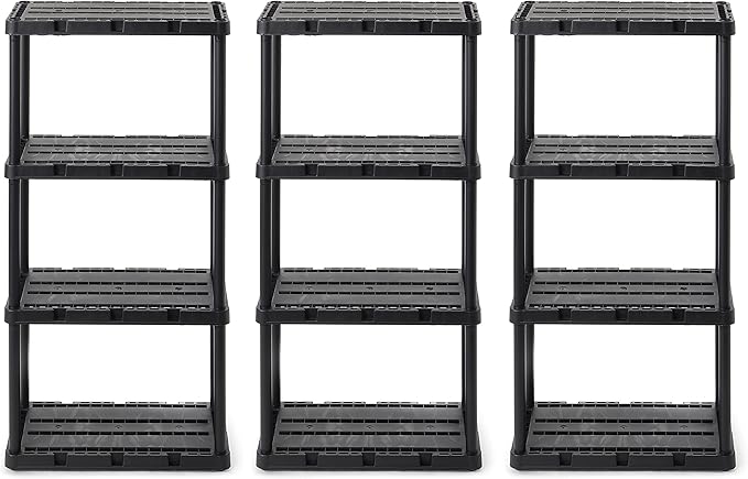 Gracious Living 3 Pack Light Duty Storage Shelves, Knect-A-Shelf 4-Shelf Ventilated Shelving Rack Organizer for Home, Garage, Basement & Laundry, Black