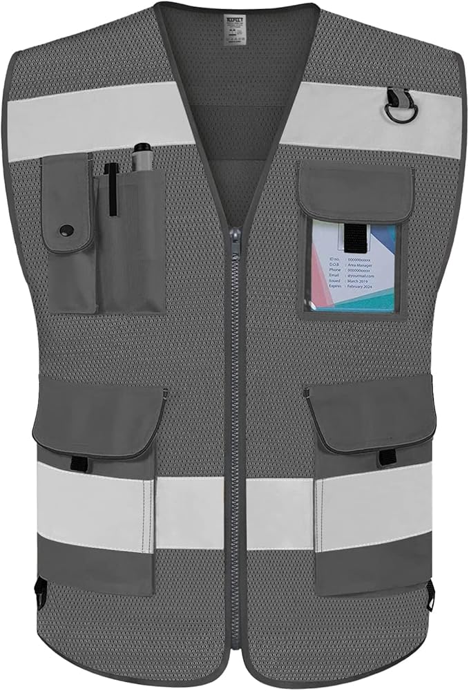 TCCFCCT Mesh High Visibility Vest 9 Pockets Hi Vis Reflective Safety Vest for Men Women, Construction Vest with Reflective Strips, Meets ANSI/ISEA Standards, (Grey, Small)