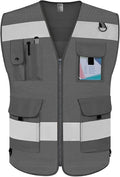 TCCFCCT Mesh Reflective Safety Vest 9 Pockets High Visibility Vest for Men Women, Hi Vis Reflective Work Vest for Safety, Meets ANSI/ISEA Standards, (Grey, XX-Large)