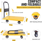 Hand Cart 660 lbs, Push Cart Dolly Yellow, Capacity Platform Truck Foldable Platform Upgraded Heavy Duty Moving Cart with PU Wheels for Home Garden Warehouse Garage Workshops
