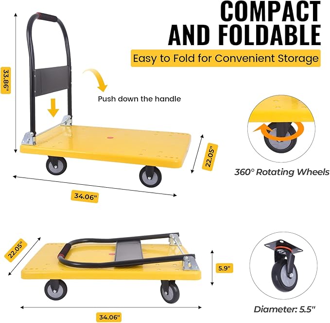 Hand Cart 660 lbs, Push Cart Dolly Yellow, Capacity Platform Truck Foldable Platform Upgraded Heavy Duty Moving Cart with PU Wheels for Home Garden Warehouse Garage Workshops