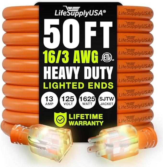 50ft Outdoor/Indoor Extension Cord 16/3 Gauge Heavy Duty 3 Prong SJTW, Waterproof, ETL Listed, Flexible Cold-Resistant Long Power Cord,13A 125V 1625W, Orange by LifeSupplyUSA
