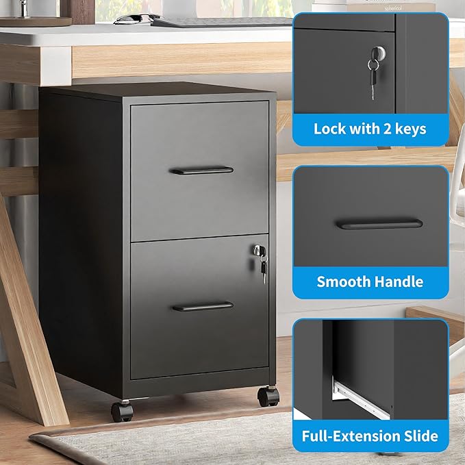 2 Drawer Mobile File Cabinet with Lock and Wheels, Small Vertical Under Desk Steel Rolling Storage Cabinet for Home Office Legal/Letter/A4 Files, Assembly Required (Black)