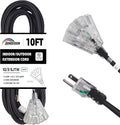 3-Outlets Indoor Outdoor Extension Cord Weatherproof with Lighted End, UL Listed, 10 Gauge 10FT Black 3 Prong Heavy Duty, 10/3 SJTW 15A Power Cord