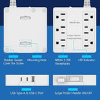 LIDER Outlet Extender with 6 Receptacles, USB-A and 2 USB-C, Ultra-Thin Flat-Plug, 6-Outlet Power Strip, Slim Angled Design, Surge Protector, 1500 Joules, 5ft Cord, UL-Listed, White, 2 Pack
