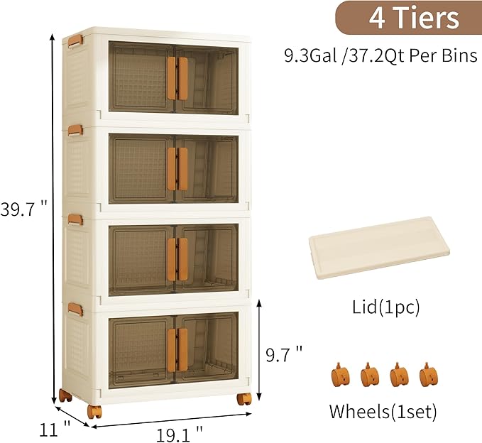 Plastic Stackable Storage Bins with Lids and Wheels, 148.8QT-37.2QT*4Tier Foldable Storage Containers and Collapsible Clear Storage Cabinet with Doors Ivory White