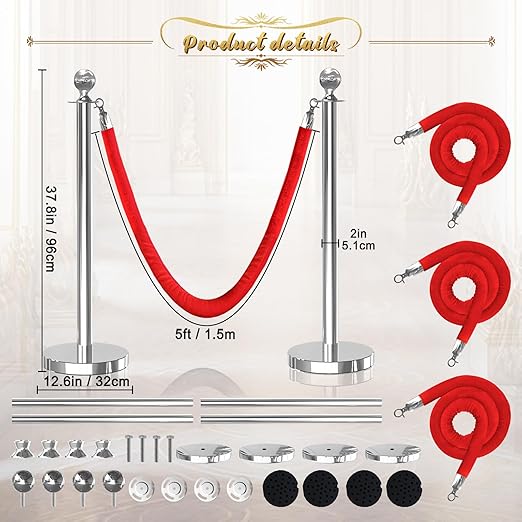 4Pcs Sliver Stanchion Post Queue Velvet Ropes and Posts with Soild Base and 3pcs 5 Ft Red Velvet Ropes Carpet Ropes Posts Stanchion Set Crowd Control Barriers for Party Supplies