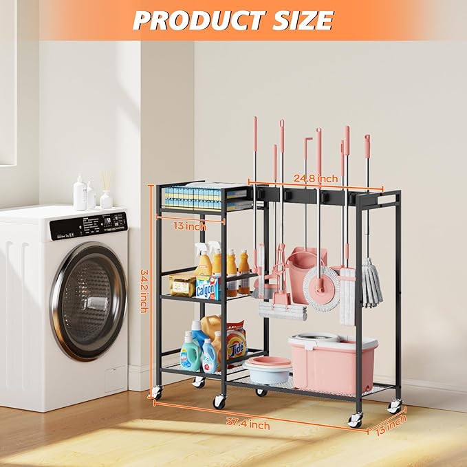 Broom and Mop Holder, MUNNAR Broom Storage Holder with Cleaning Supplies Organizer, 2-in-1 Broom Mop and Cleaning Supplies Storage Cleaning Cart, Cleaning Cart with Wheels for Housekeeping