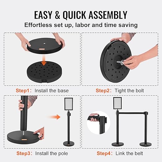 VEVOR Crowd Control Stanchions, 6-Pack Crowd Control Barriers, Carbon Steel Baking Painted Stanchion Queue Post with Sign Holder & 3PCS 6.5FT Retractable Belt, Belt Barrier Line Divider, Easy Assembly