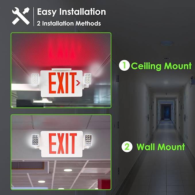 Gruenlich LED Combo Exit Sign, Emergency Light with 2 Adjustable Heads and Double Face, Back Up Batteries- US Standard Red Letter EXIT, UL 924 Qualified, 120-277 Voltage, 2-Pack