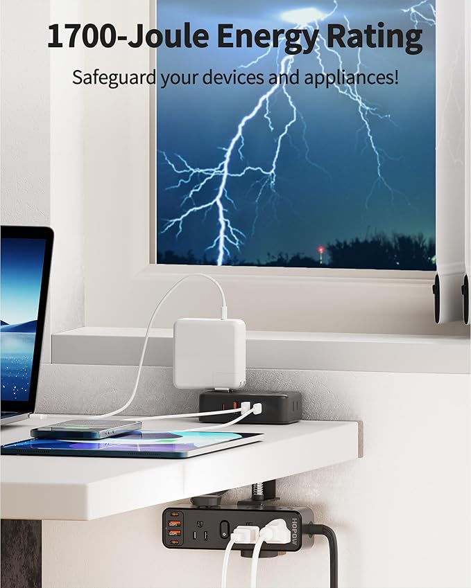 Dual Layer Desk Clamp Power Strip with 13 AC Outlets 8 USB (4 USB C), Fit 2.75" Tabletop, Desktop Edge Mounted Surge Protector (1700J),10 Ft Extension Cord, Desk Outlet for Office Home, Black