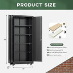 Greenvelly Metal Storage Cabinet with Wheels, 73" Black Lockable Rolling Storage Cabinets with Doors and 4 Adjustable Shelves, Large Steel Cabinet for Garage, Office, Home, School
