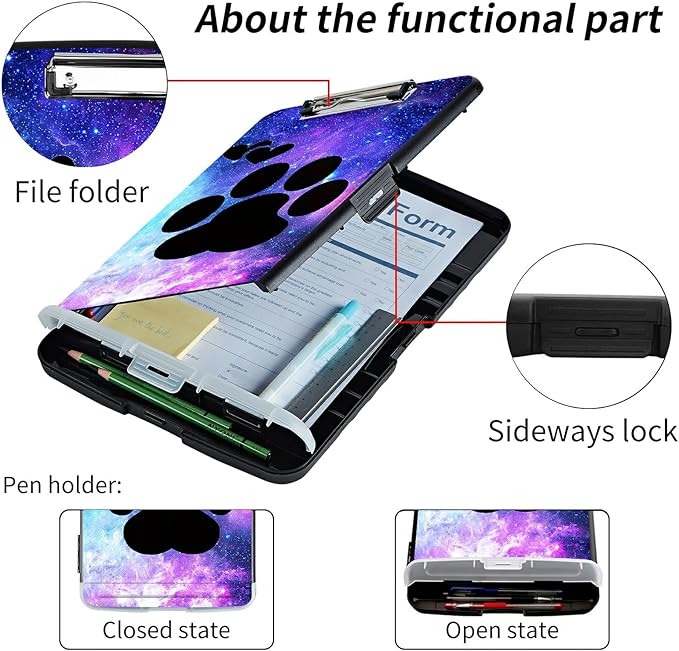 File Clipboard Storage with Pen Holder High Capacity Plastic Nursing Clipboards File Folder Storage Box Clipboard with Heavy Duty Clips for Teacher,Doctor,Offices-Dog Paw Print