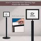 Floor Standing Sign Frame with Steel Low Profile Base, 8.5 inches by 11 inches Horizontal Sign Frame, Black Post