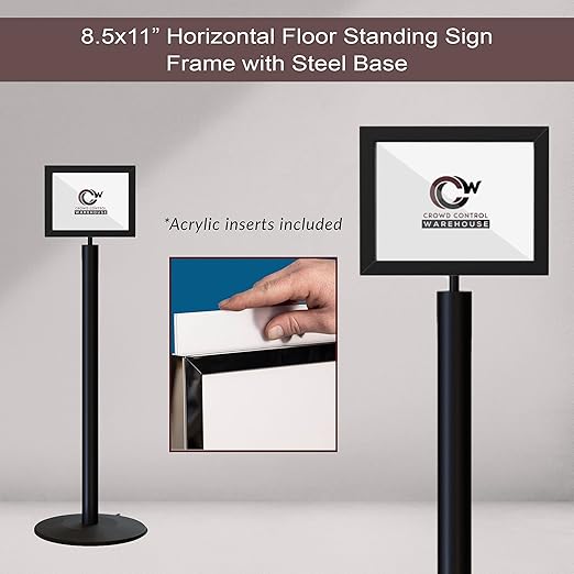Floor Standing Sign Frame with Steel Low Profile Base, 8.5 inches by 11 inches Horizontal Sign Frame, Black Post