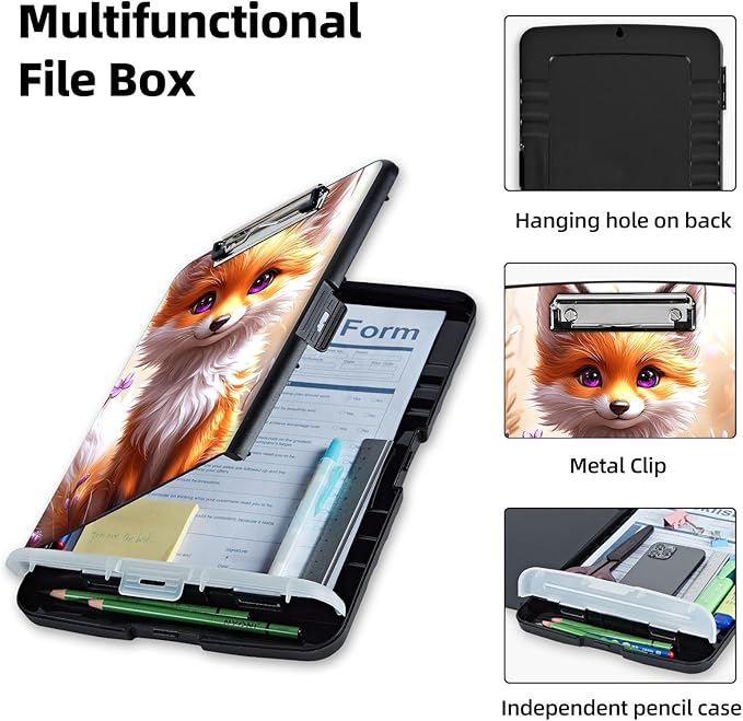 Clipboard with Storage Box & Pen Holder,Heavy Duty Clip Boards 8.5x11 for Nursing,High Capacity,School & Office Supplies,Cute Fox Artwork