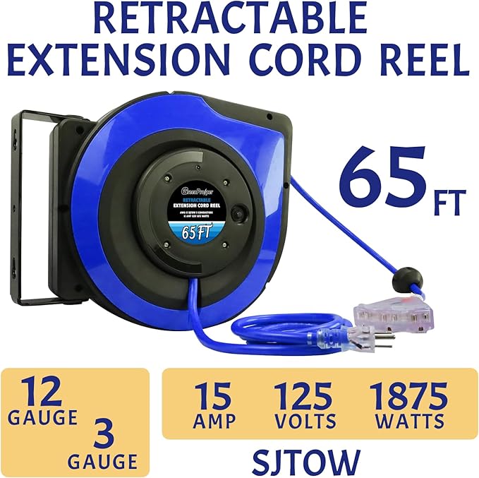 65Ft Heavy Duty Cord Reel, Retractable Extension Cord, 12AWG/3C SJTOW, Lighted Triple Tap Outlets 15A Circuit Breaker, Wall/Ceiling Mounted, Adjustable Stopper UL Listed Blue