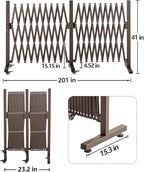 TECSPACE Aluminum Expandable Garden Fence, Portable Barricade Gate with Casters, Adjustable Retractable Fence Mobile Barricade Safety Barrier (Brown, 201×15×41 inch)