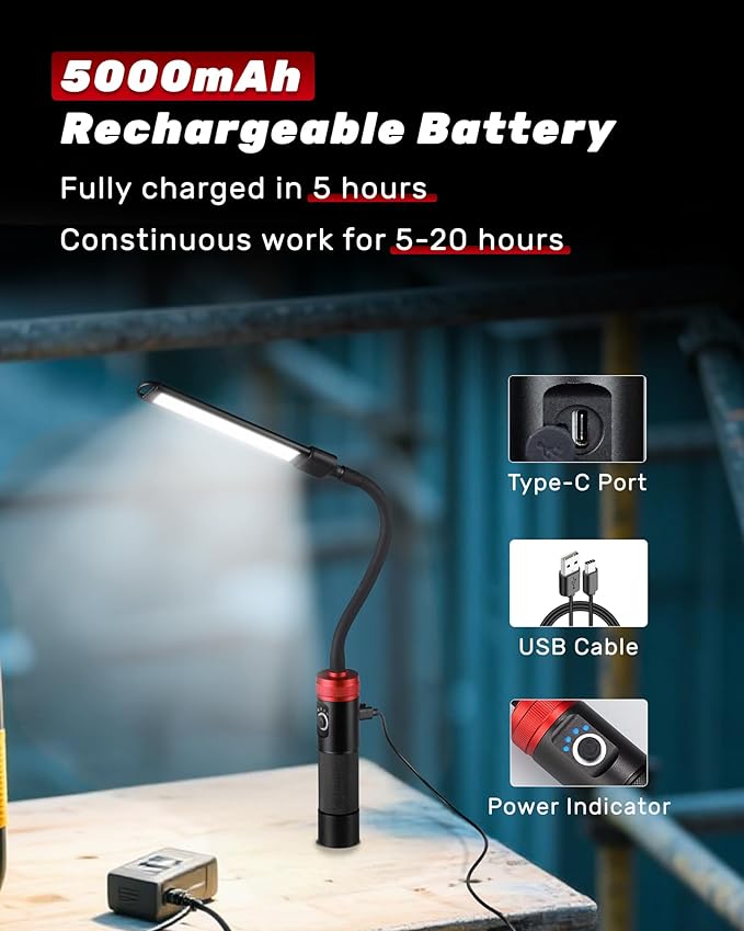 Rechargeable Work Light, 5000mAh Flexible Gooseneck LED Work Light with Magnetic Base, 800LM Portable Mechanic Light for Auto Repair, Workbench, Grill, Inspection, Black