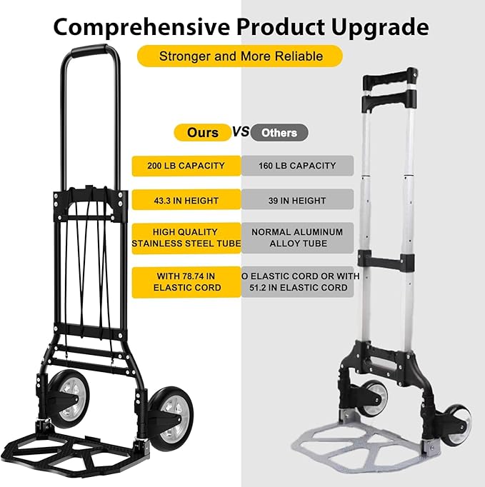 LEVORY J Folding Hand Truck and Dolly, 200 LB Capacity Upgraded Aluminum Dolly Cart, Extended Handle Portable Dolly for Travel, Moving, Shopping, Office Use, Black