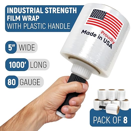5" x 1000’ Industrial Strength Stretch Wrap, Ready to Use Pack of 8 Mini Rolls with one Handle, Clear Plastic Film, 80 Gauge Thick, 500% Elongation – Heavy-Duty Shrink Wrap for Moving, Packing