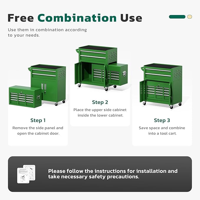 Greenvelly 8-Drawer Rolling Tool Chest, Metal Tool Chest with Wheels, Tool Cabinet with Detachable Top Tool Box, Metal Tool Cart with Liner & Hooks for Garage, Workshop, Warehouse (Green)