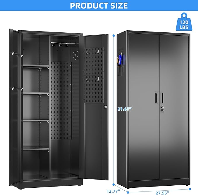 SUXXAN Broom Closet Storage Cabinet, 61.6" x 11.7" x 27.5" Metal Cleaning Cabinets with Hooks and Hanging Rods, Lockable Cabinet with Pegboard, Adjustable Shelf,for Garage, Laundry Room