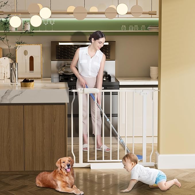 Narrow Baby Gates for Stairs Doorways Auto Close Tension White Metal Child Pet Safety Gates with Pressure Mount 29-34 Inch Wide