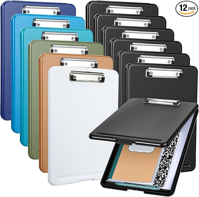 Ireer 12 Pcs Plastic Clipboard with Storage Heavy Duty Portable Writing Boards for 150 Sheet A4 Paper with Pen Holder Large Capacity Clipboards for Nurse Teacher Student Classroom Office (Deep Color)