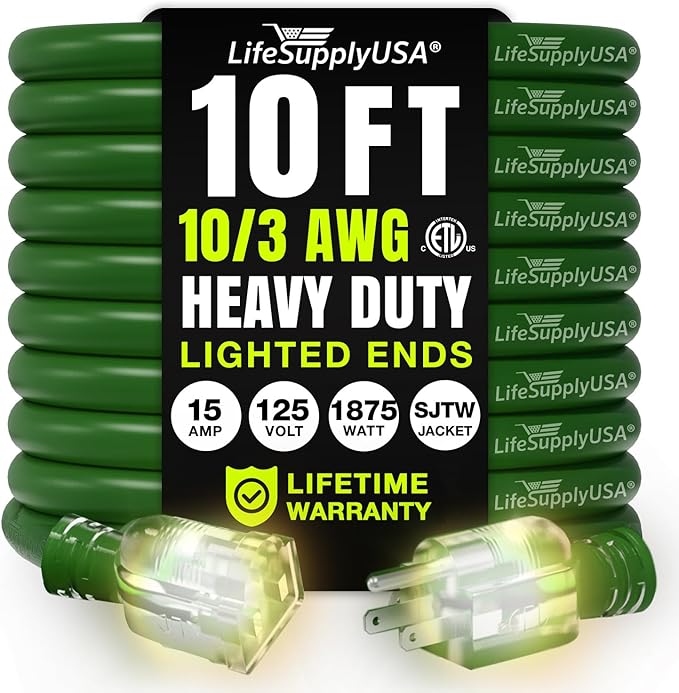 10ft Outdoor/Indoor Extension Cord 10/3 Gauge Ultra Heavy Duty 3 Prong SJTW, Waterproof, ETL Listed, Flexible Cold-Resistant Long Power Cord,15A 125V 1875W, Green by LifeSupplyUSA