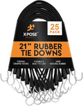 Rubber Bungee Cords with Hooks 25 Pack 21 Inch (32” Max Stretch) Heavy-Duty Black Tie Down Straps for Outdoor, Tarp Covers, Canvas Canopies, Motorcycle, and Cargo - by Xpose Safety