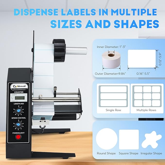 CGOLDENWALL Automatic Label Dispenser Sticker Roll Dispenser for Logistics Office Home, 1-8m/min Speed Adjustable, Length 0.12-5.9" Width 0.16-5.5", Auto Sensing&Counting, Max Roll Dia. 9.8"
