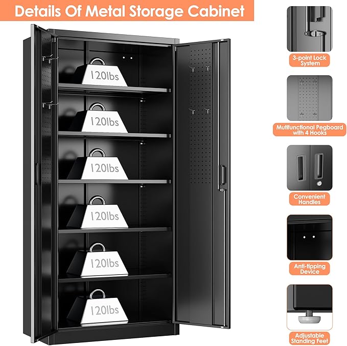 Metal Storage Cabinet with 5 Adjustable Shelves and Pegboard, 71" H×32" W×16" D Garage Storage Cabinet with Lockable Doors for Garage,Office,Home,Gym,School, Lockable File Cabinet, Black