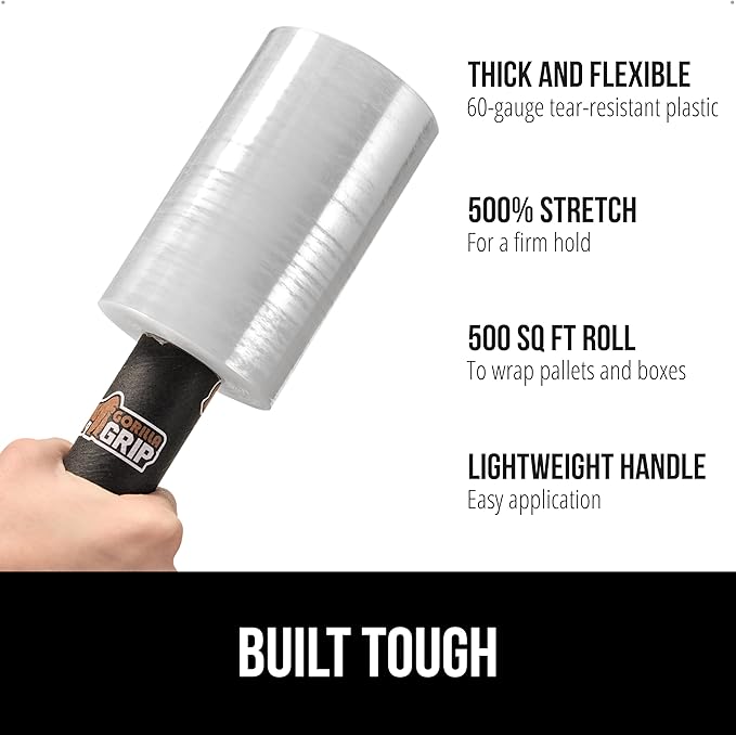 GORILLA GRIP 500% Shrink Wrap Roll with Handle, 5" 500ft Plastic Wrap Stretch Film, Puncture Resistant Industrial Strength Moving Supplies, Pallet Storing, Packing Furniture Protection, 2 Pack Clear
