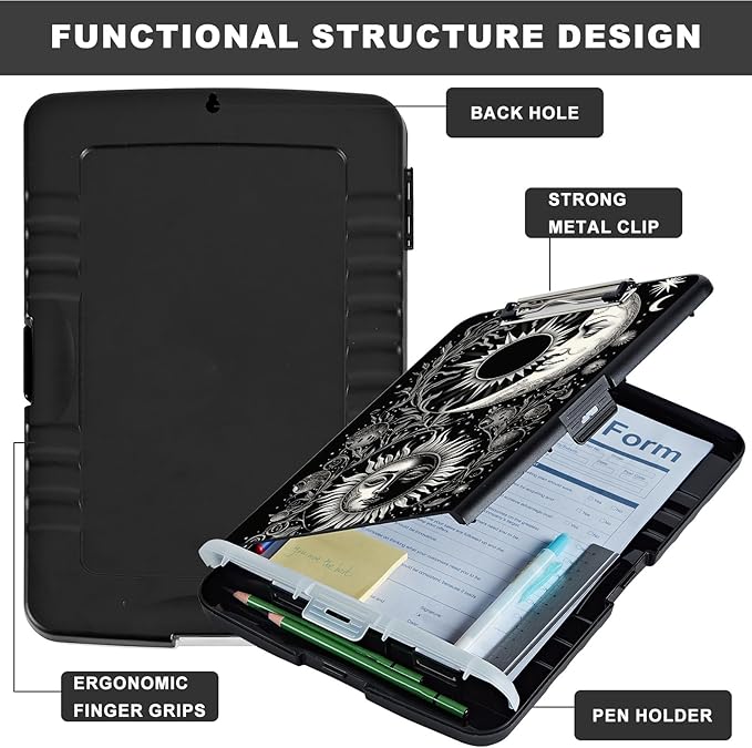 Clipboard with Storage,Heavy Duty Plastic Storage Clipboard with Low Profile Clip,Teacher Must Haves,Office Supplies,Soon Moon Stars Black