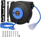 VEVOR Retractable Extension Cord Reel, 45 FT, Heavy Duty 12AWG/3C SJTOW Extension Power Cord with Lighted Triple Tap Outlet, 15A Circuit Breaker 180° Swivel Bracket for Ceiling or Wall Mount, Blue