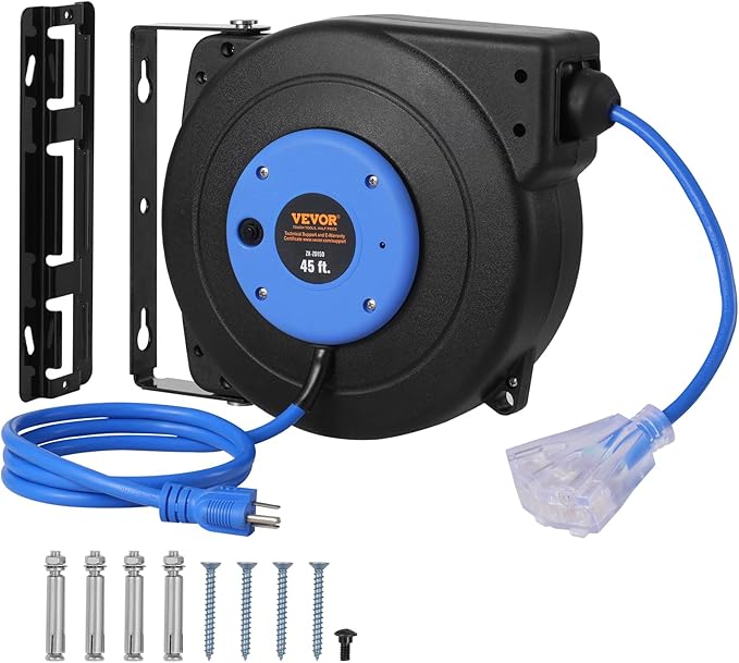 VEVOR Retractable Extension Cord Reel, 45 FT, Heavy Duty 12AWG/3C SJTOW Extension Power Cord with Lighted Triple Tap Outlet, 15A Circuit Breaker 180° Swivel Bracket for Ceiling or Wall Mount, Blue