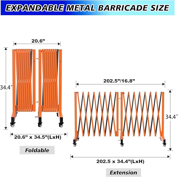 1 Set 16.8FT Industrial Metal Expandable Barricade，Retractable Traffic Fence with Casters, 270° Folding Security Gate, Portable Barricade Gate for Construction Area, Traffic Control, Cordon