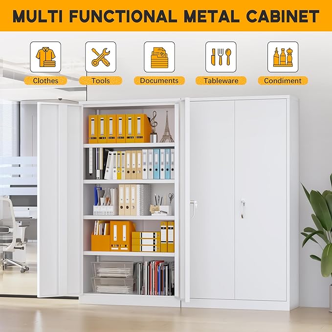 Greenvelly Metal Storage Cabinet with 2 Doors and 4 Adjustable Shelves, 72”H Metal Cabinet Lockable Storage Cabinet,Tall Locking File Cabinet for Office,Home, Garage, Gym, School