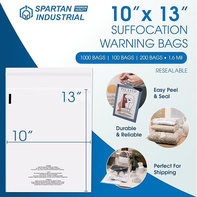 Spartan Industrial - 10” X 13” (200 Count) Self Seal Clear Poly Bags with Suffocation Warning for Packaging, T Shirts - Resealable Glue