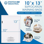 Spartan Industrial - 10” X 13” (200 Count) Self Seal Clear Poly Bags with Suffocation Warning for Packaging, T Shirts - Resealable Glue