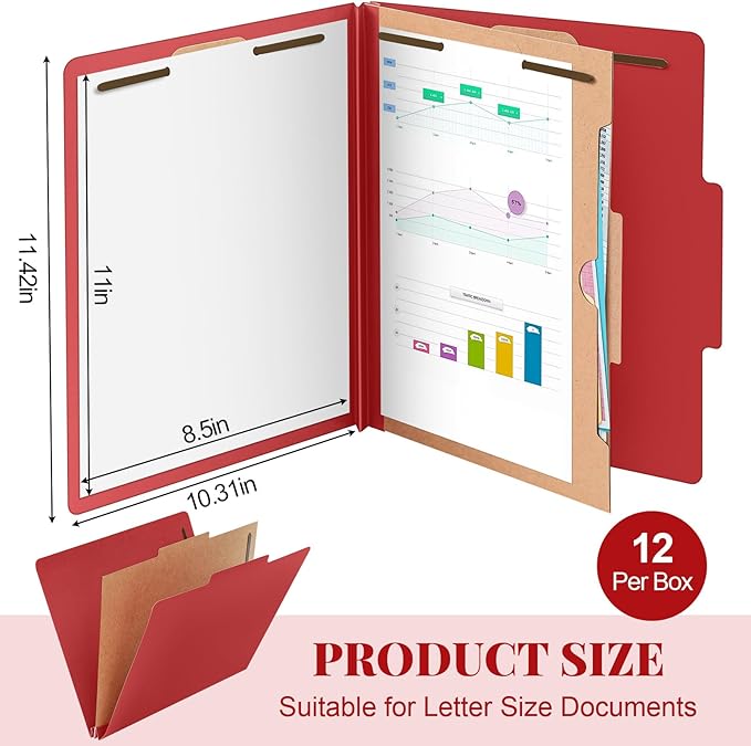 Skyygemm 12 Pack Classification Folders Letter Size Bulk with Divider and 2" Expansion, Pressboard Folder with 2 Prong Fasteners for Teachers, Clergy, Office, Church, Christmas Donations(Red)