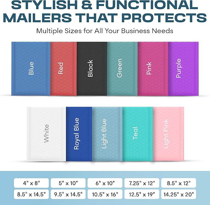 Light Blue 10.5x16 Inch Large Poly Bubble Mailers #5 | Padded Envelopes with Self Seal | Air Lined Cushioned Bubble Mailer | Usable Size 10.5x15 | 100 Pack Bulk | Lightweight shipping Bags