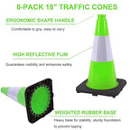 OrangeStar 18" Heavy Duty Traffic Cones 8-Pack Green Safety Cones with Reflective Strip for Construction, Parking Lots, Roadwork, Weatherproof, Stable Base for Traffic Control, Events, Emergency