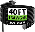 HUANCHAIN Indoor Outdoor Black Extension Cord 40 ft Waterproof, 16/3 Gauge Flexible Cold-Resistant Appliance Extension Cord Outside, 13A 1625W 16AWG SJTW, 3 Prong Electric Cord, ETL