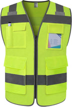 TCCFCCT Mesh Safety Vest 5 Pockets High Visibility Reflective Vest for Men Women, Durable Construction Vest with Horizontal Strip for Walkie-talkie, Meets ANSI/ISEA Standards, Yellow, L
