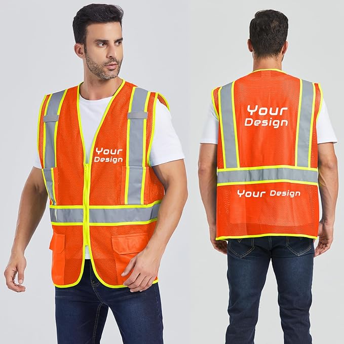 BeautyWill Custom Safety Vest Customized Logo Class 2 High Visibility Reflective Vest with Pockets Construction workwear